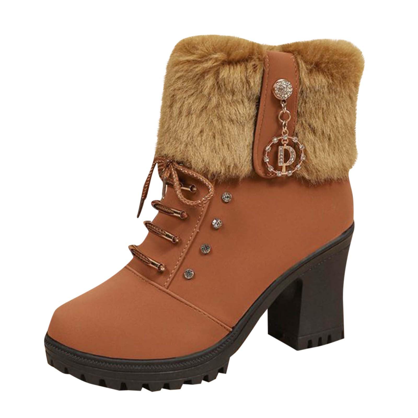 Womens Fur Lined Lace Up Ankle Boots Winter Warm Riding Boots Chunky Heel Lug Sole Suede Boot