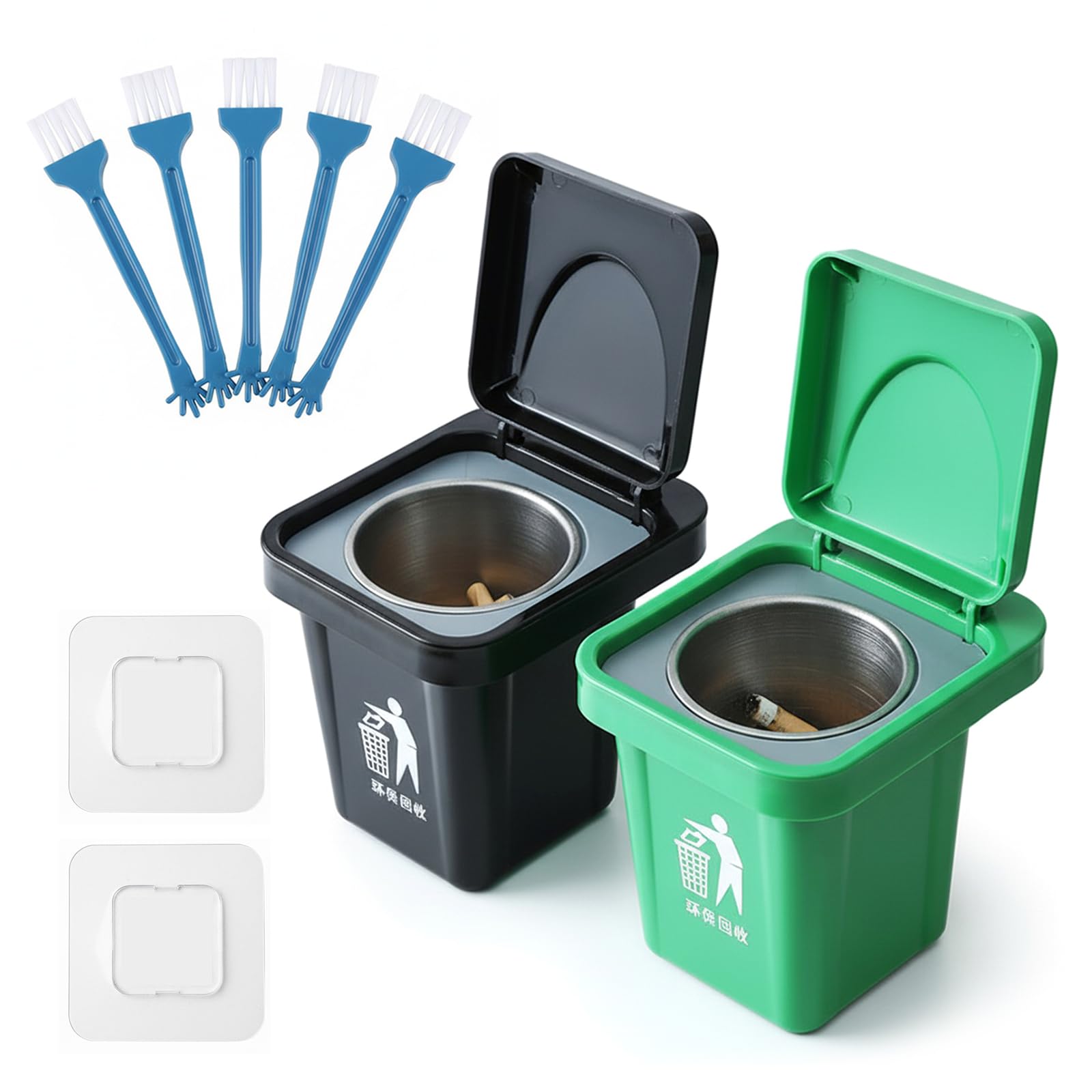 Wall-Hanging Ashtray Can with Brush, Trash Can Ashtray with Lid, Stainless Steel Creative Small Trash Cans with Removable Inner Bucket and Cover Belly, for Bathroom Toilet Home Office Hotel, 11x9.5cm