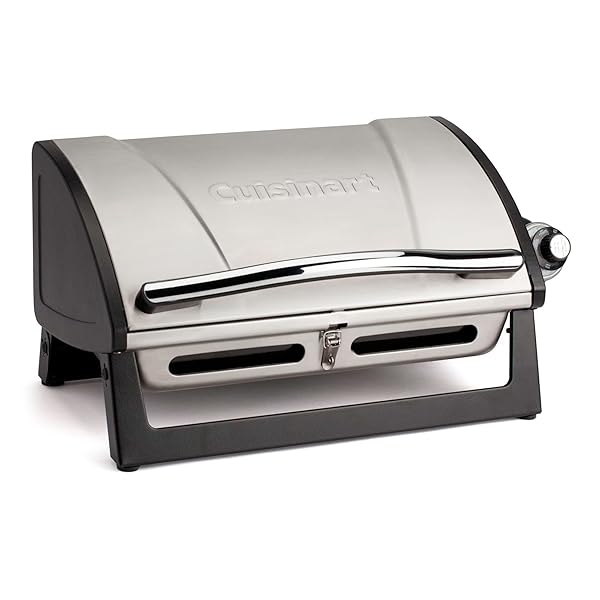 Cuisinart Grillster Portable Gas Grill, Stainless Steel Compact BBQ Grill with Locking Lid for Easy Transport, 8000 BTU Propane Grill with Dishwasher Safe Cooking Grate, Small Grill for Camping & BBQ