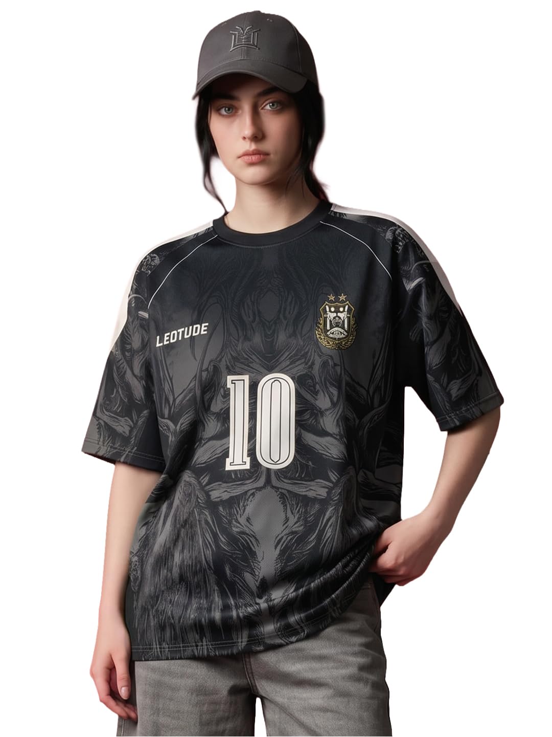 leotude Women's Oversized Black Football Jersey | Dark Beast Printed Athletic Round Neck Half Sleeve Casual T-Shirt | Lightweight Sports & Streetwear Tee (Color : Black)-picture-22