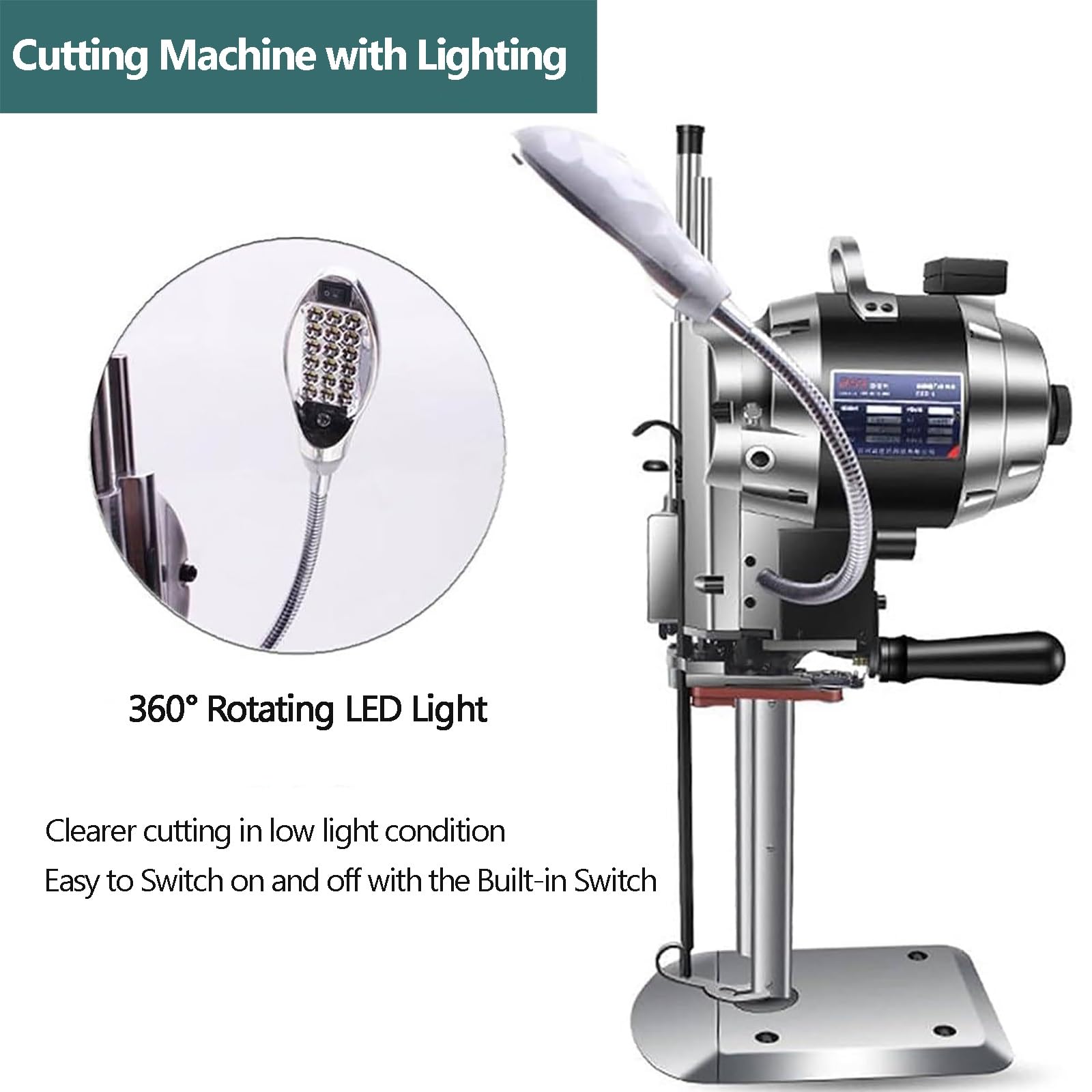 Pionowa elektryczna krajarka do tkanin 8 cali, przemysłowy nóż prosty z automatycznym ostrzeniem, oświetleniem LED, tnie skórę o grubości do 160 mm, wielowarstwowe narzędzie do szycia do użytku w za
