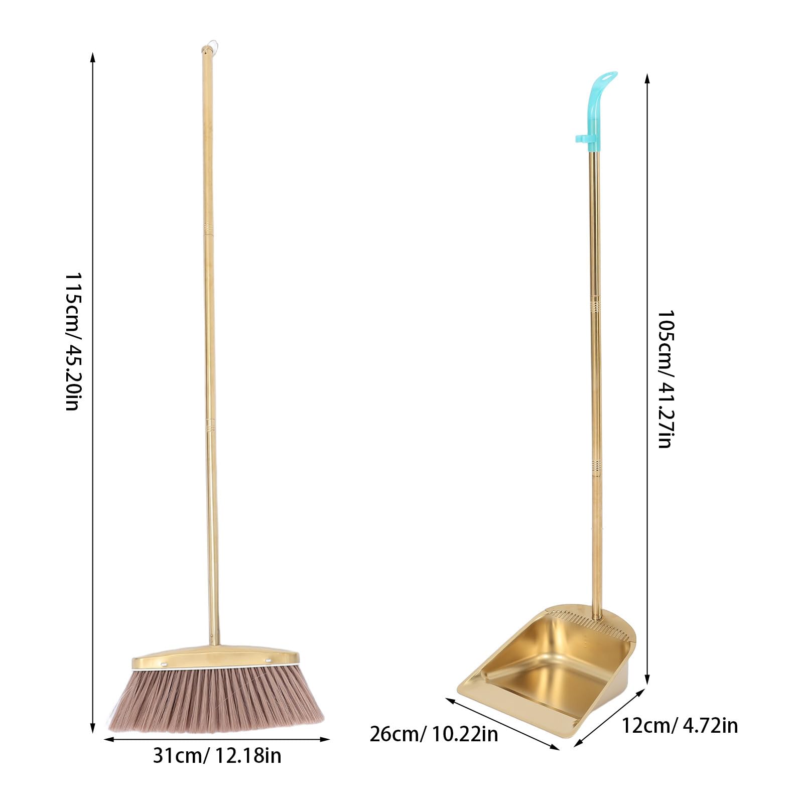 1 Set Besen und Kehrschaufel, robust – Kehrschaufel mit langem Stiel und Zinkenkamm – Besen-Set aus goldfarbenem Edelstahl für Büro, Haushalt und Innenbereich
