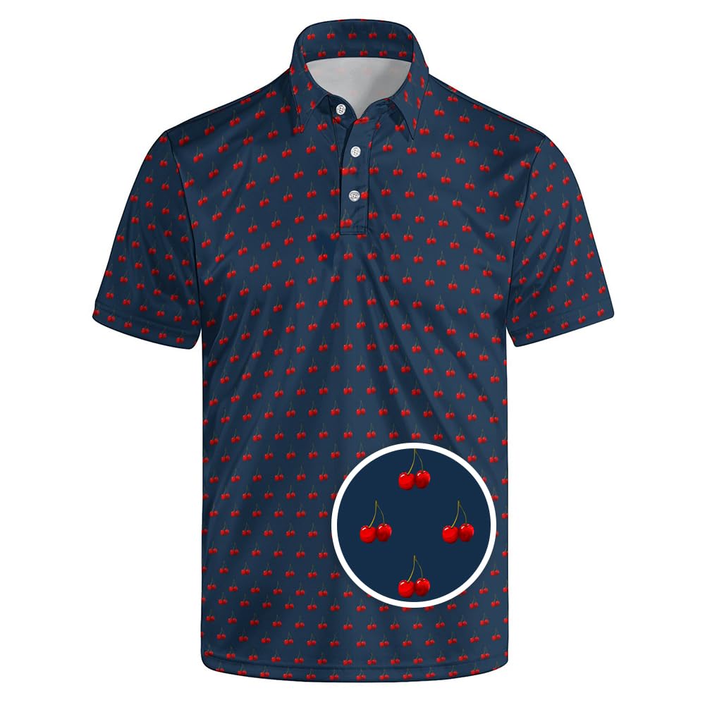 GDEVIG Mens Funny Polo Shirts, Cherry Fruit Golf Shirts Short Sleeve, Moisture Wicking Quick-Dry Business Casual Shirt for Men