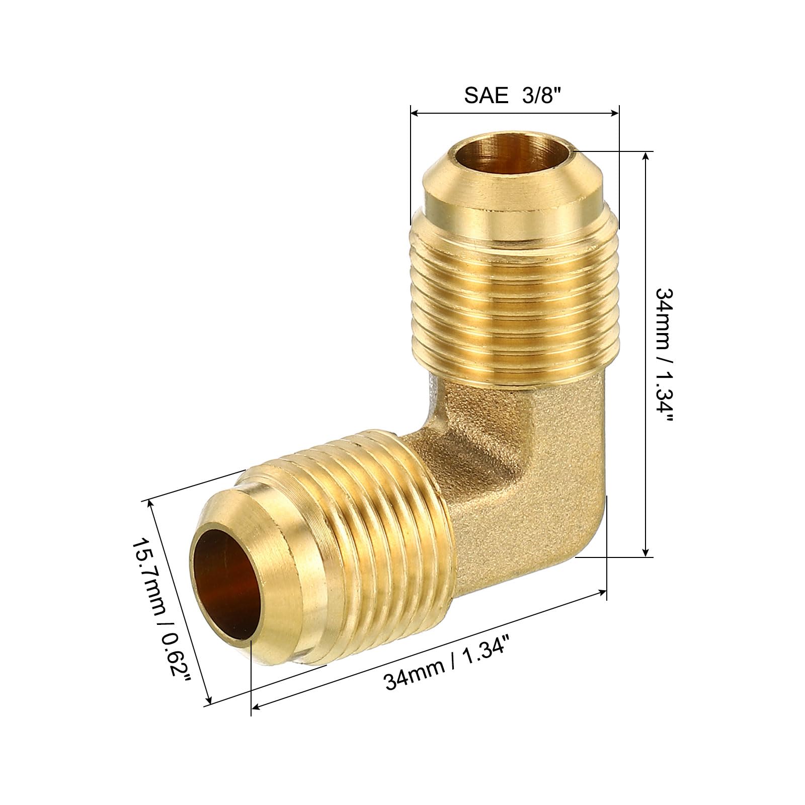 Accesorio de tubería de latón de 3/8" x 3/8", Paquete de 2, Adaptador de tubería de Codo de 90 Grados con abocardado para Aire Acondicionado, refrigeración y plomería