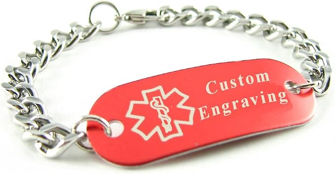 Custom Engraved Medical ID Bracelet - Aluminum, Steel Curb Chain - Red - Wrist Size 5 Inch