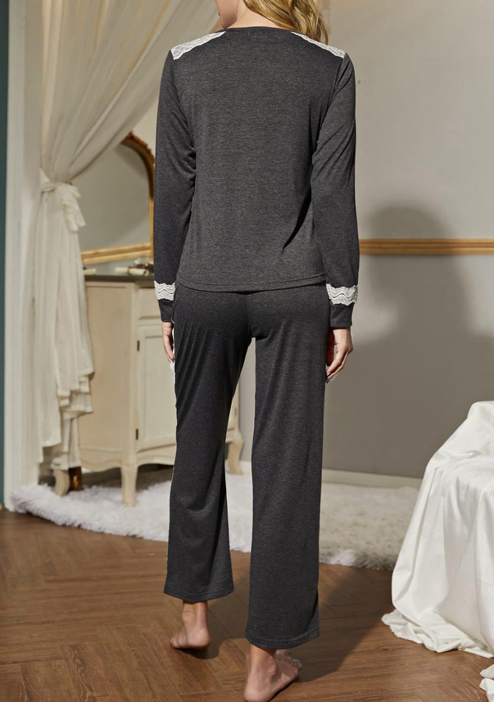 Ensembles De Pyjama Femme,Col Rond Polyester Manches Longues Ensemble De Vêtements De Nuit Femmes Deux Pièces Pyjama Doux Classique Décontracté Loungewear Cadeau pour Femme Petite Amie Maman Fê