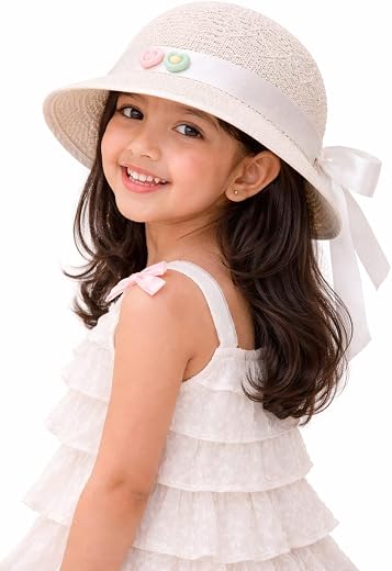 Nephar Girls Wide Brim Sun Hat | Kids Summer Beach Hat with Bow &amp; Heart Detail | Lightweight Breathable Crochet Cap for Ou...