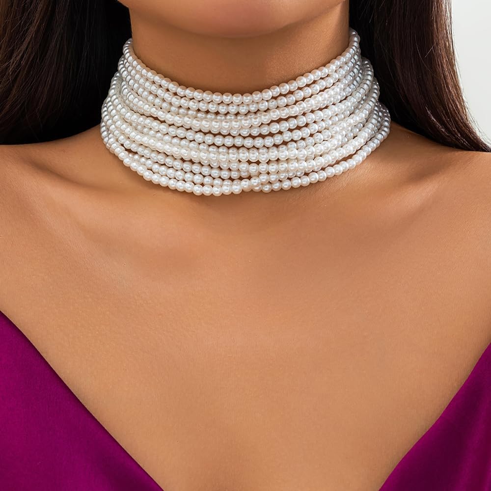 Octwine Boho Round Imitation Pearl Large Layered Choker Necklace Multi Strands Vintage Choker 1920s Bridal Wedding Christmas Vintage Shiny Necklace for Women (Silver 2) - Image 2