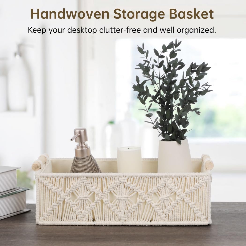 Cestas de almacenamiento bohemias de color marfil, 2 cajas tejidas de macramé con asas de madera, perfectas para baño, dormitorio, cocina y oficina