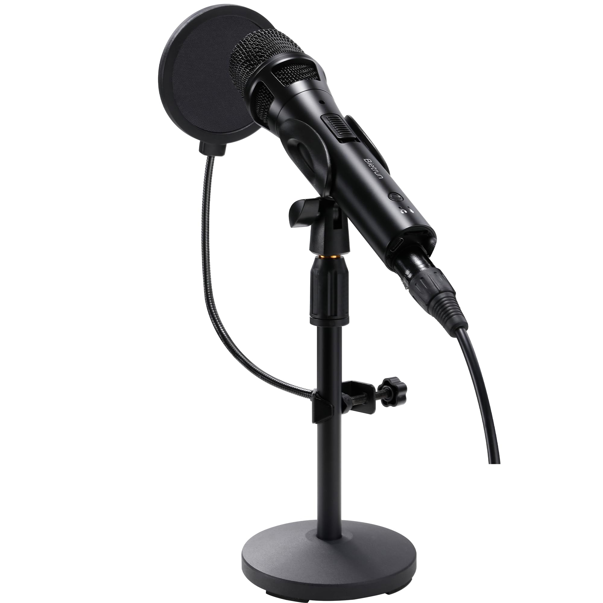 Xlr Micrófono dinámico USB para grabación de canto, micrófono de grabación de estudio dinámico de metal con ganancia de micrófono, soporte de escritorio, filtro pop, conector para auriculares, para PC