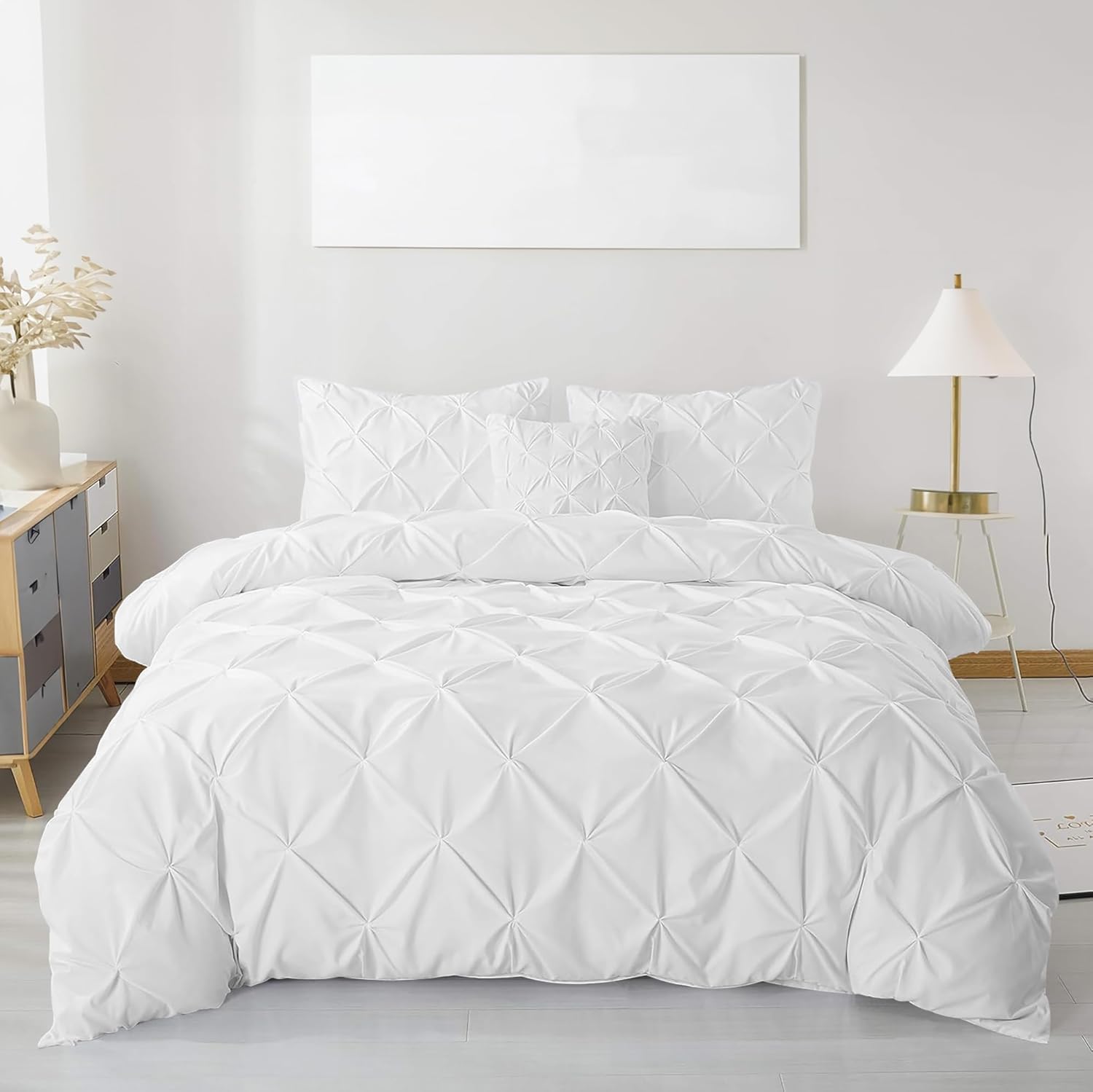 MK Home Textile Pintuck Duvet Cover Set – Luxury Pinch Pleat Bedding with Pillowcases, 100% Soft Microfiber, Wrinkle-Resistant Quilt Cover, Single Double King Super King (White, Super King)