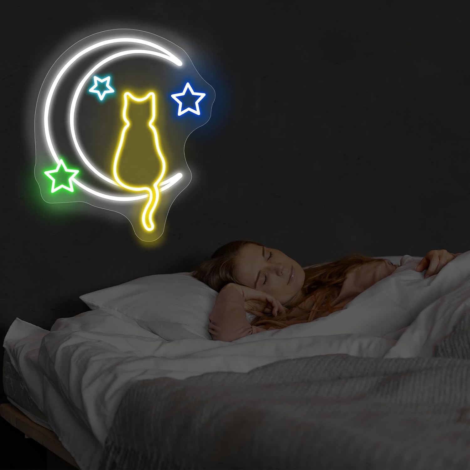 Moon Cat Neon Signs for Wall Decor LED Light Sign for Preppy Room Decor Light Up Sign for Birthday Party Decoration USB Powered, 14"x12"