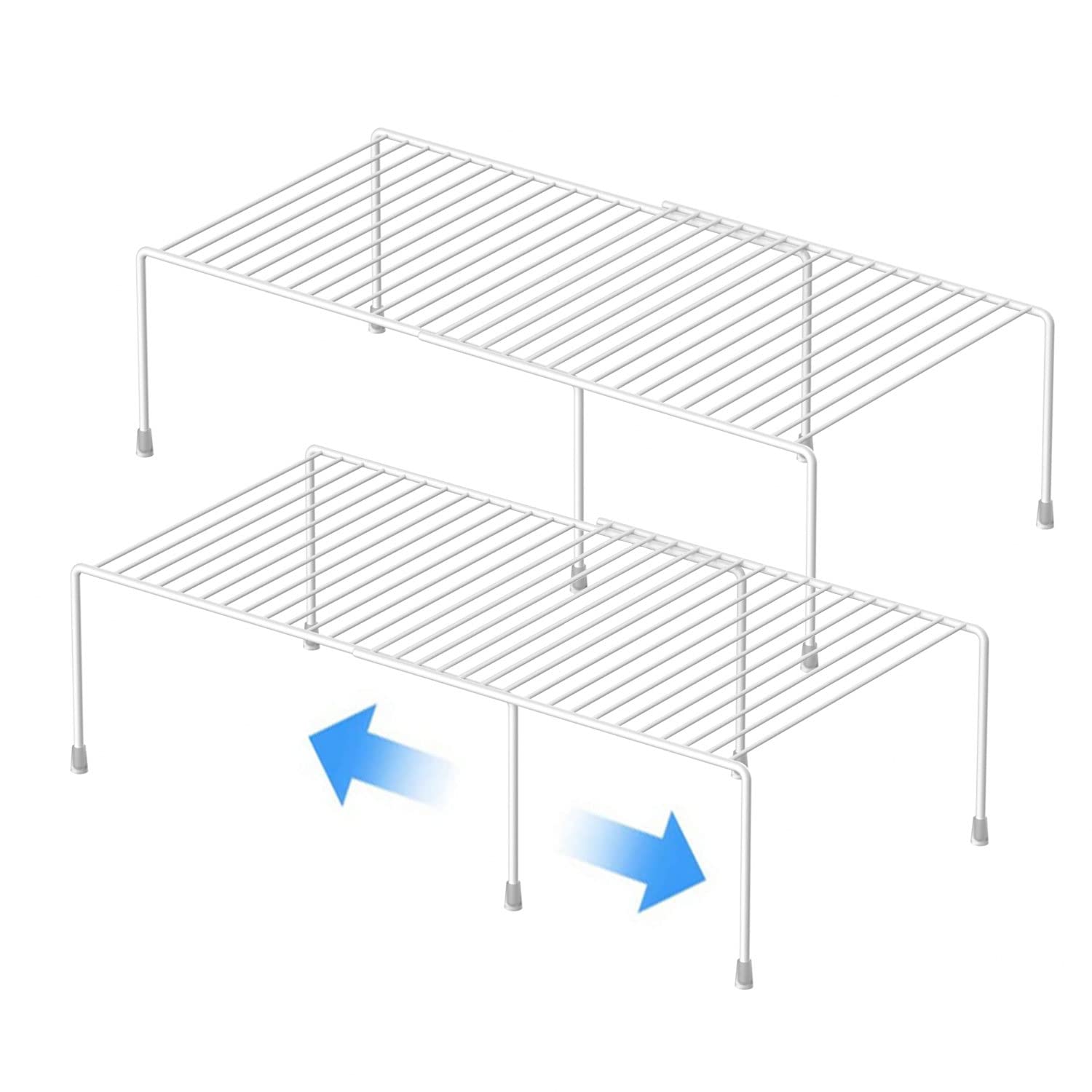 Kitchen Cabinet Expandable Shelf Organizers Set of 2, Adjustable Metal Wire Pantry Storage Shelves, Plate Dish Organizer Rack for Cabinets, Cupboard, Counter, Freezer, Countertop, White