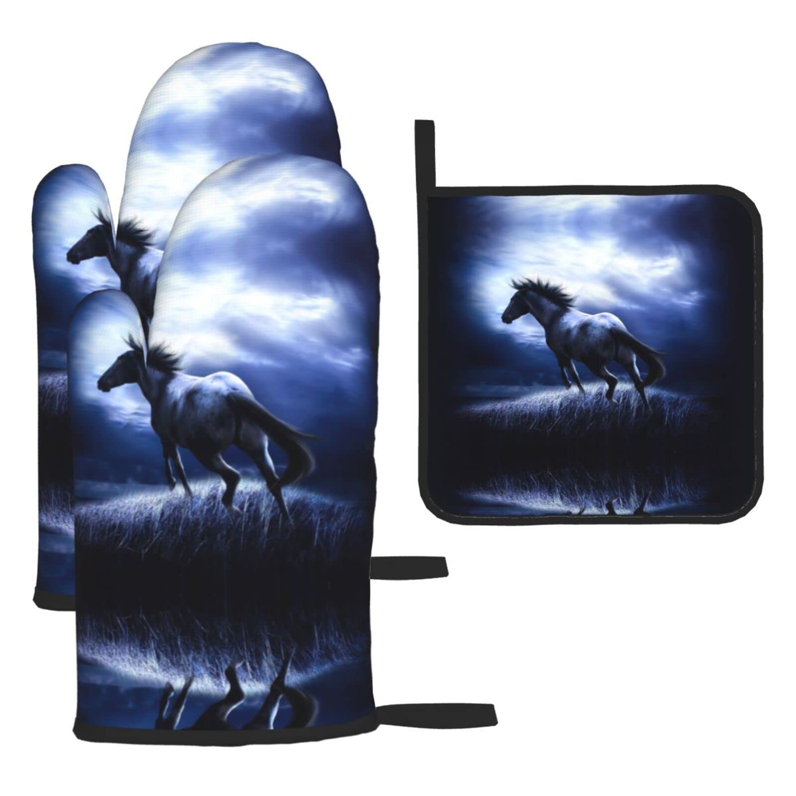 Blue Horse Oven Mitts and Pot Holder Kitchen Set for Grilling, Cooking, Baking, Heat Resistant