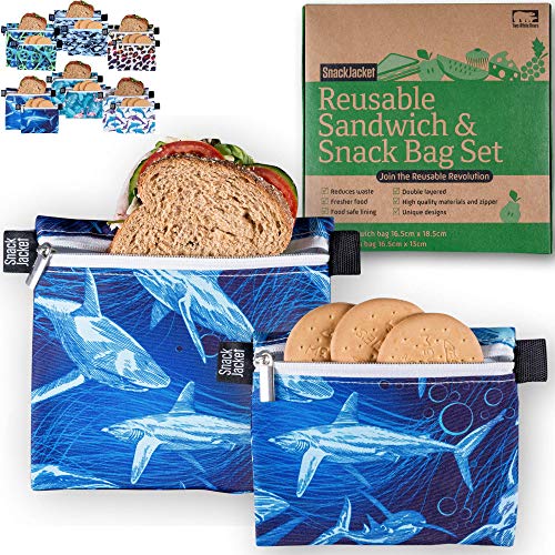SnackJacket Reusable Sandwich & Snack Bags - Set of 2 Food Storage Bags - One Tree Planted Per Purchase - Double Layered, Waterproof and Eco Friendly Lunch Bags - (Sharks Pattern)