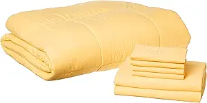 Sweet Home Collection 7 Piece Comforter Set Bag Solid Color All Season Soft Down Alternative Blanket & Luxurious Microfiber Bed Sheets, Yellow, Queen