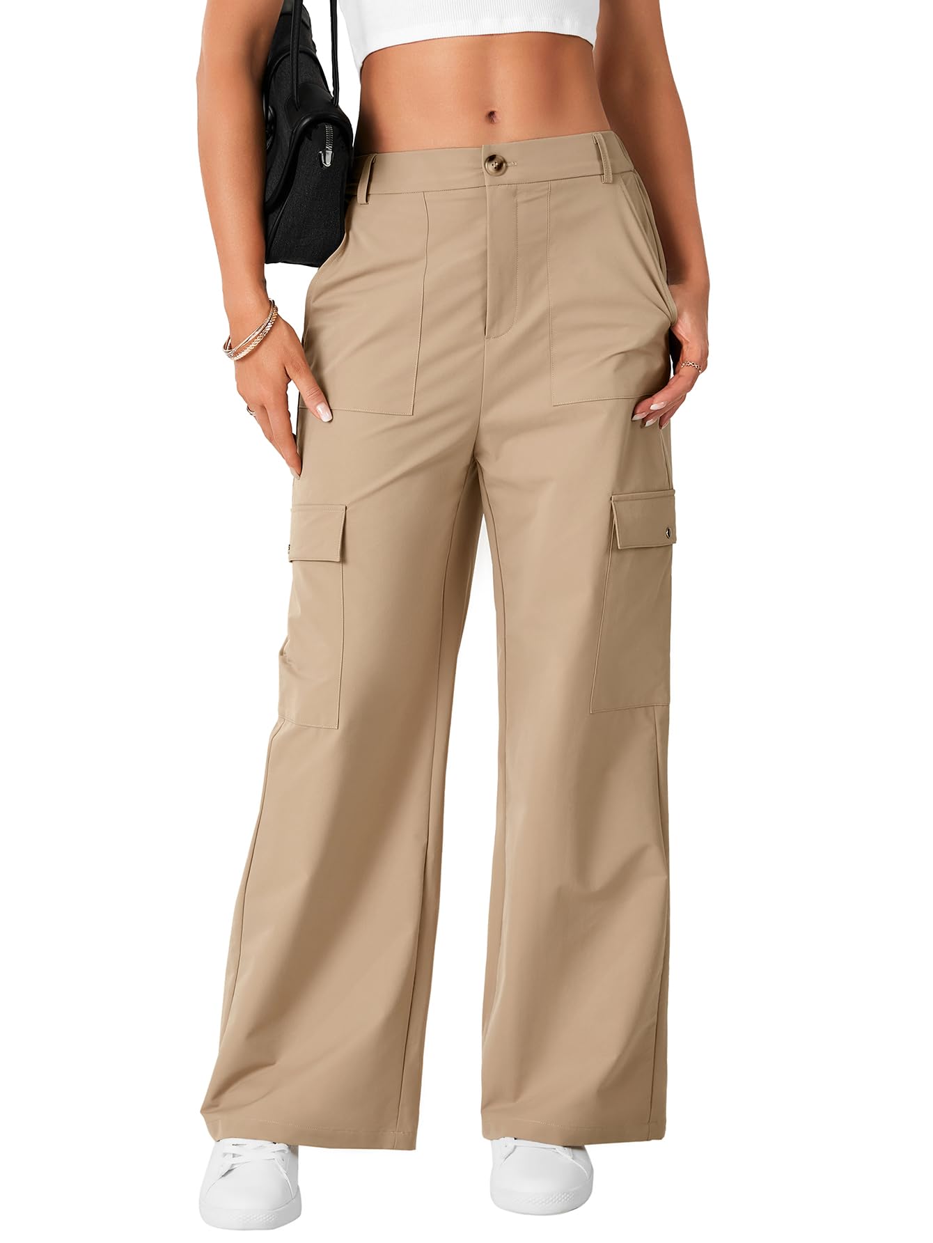 LYAENR Womens Casual Trendy High Waist Wide Leg Straight Leg Stretch Palazzo Pants with 4 Pockets