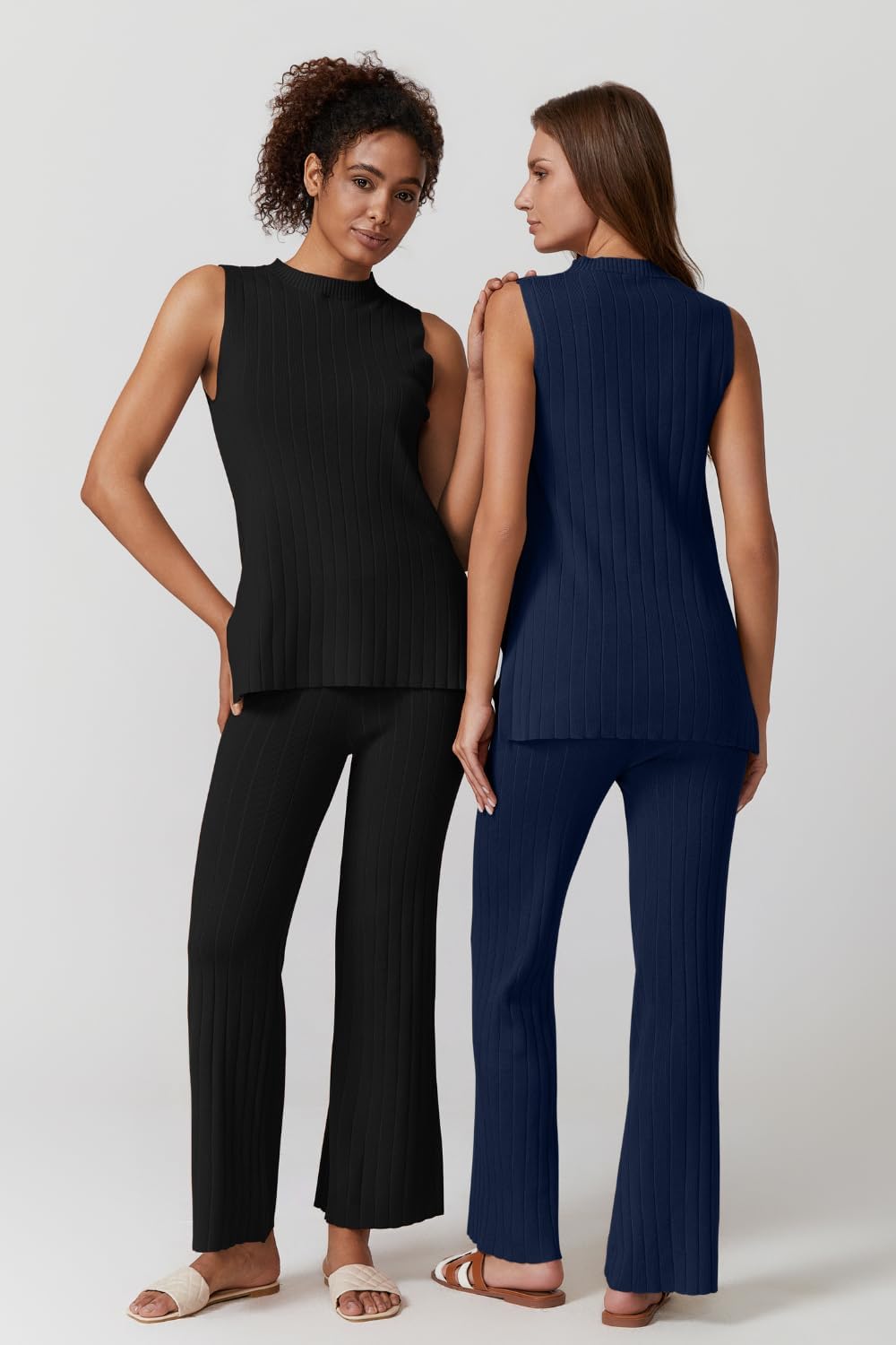 QINSEN Lounge Sets for Women Two Piece Outfits Knit Sleeveless Vented Hemline Tops Wide Leg Pants Sweater Sets - Image 6