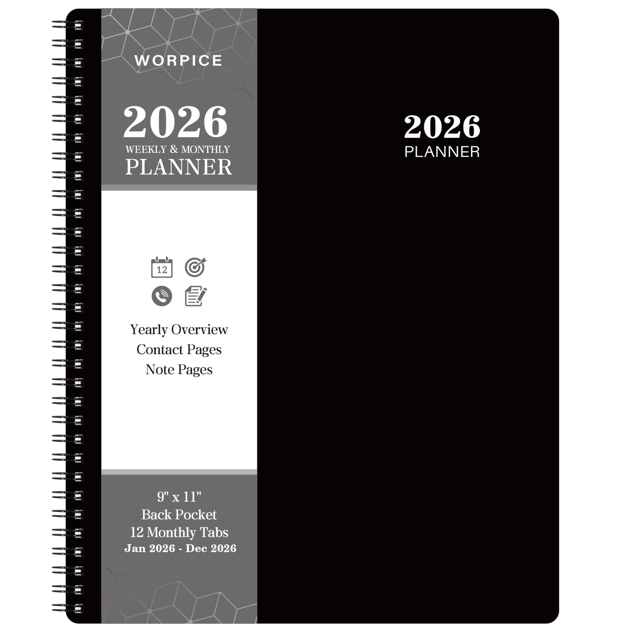 2026 Planner - 9” × 11”, 2026 Weekly and Monthly Planner, from JAN. 2026 to DEC. 2026, Inner Pocket, Premium Paper, Twin-wire Binding, Make Your Life Productive - Black