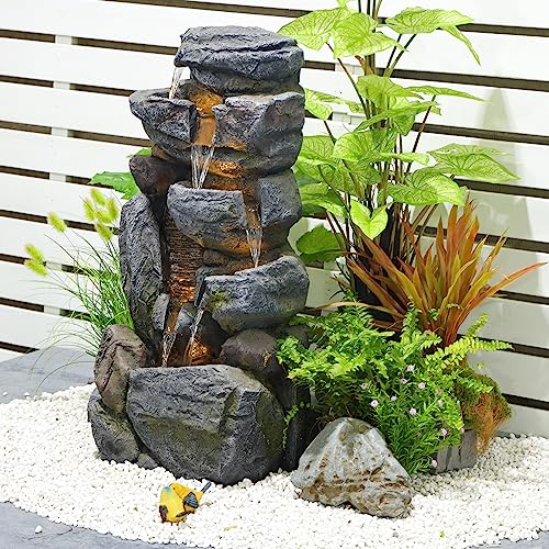 SERBILHOME 31.5” Rock Water Fountain Outdoor 6-Tiers Waterfall Fountain Outdoor/Indoor Rainforest Rock Led Lights Mossy Rock Cascading Floor Water Garden Fountain for Home Garden Decor