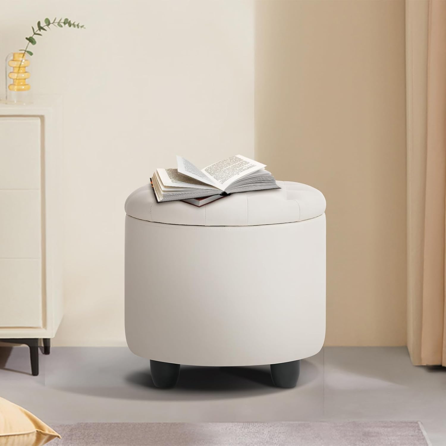 Furnimart Round Storage Ottoman with Cover Lid Tufted, 19" Round Ottoman with Storage Faux Leather Ottomans for Living Room Bedroom Dorm (Ivory White)