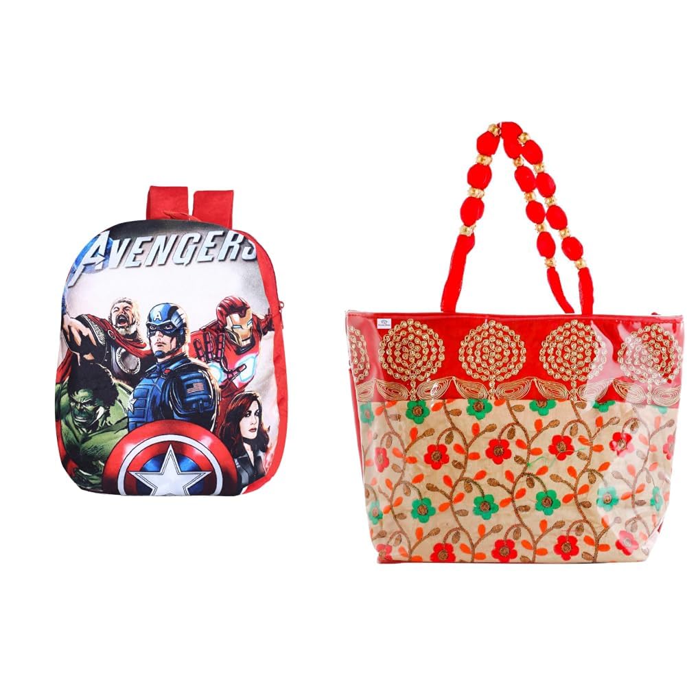 Marvel Avengers School Bag | Velvet Kids School Bags | Student Bookbag | School Bag for + Laminated Embroidery Hand Bag, Tote Bag, Purse for All Occasion for Women & Girls (Red)-image-30