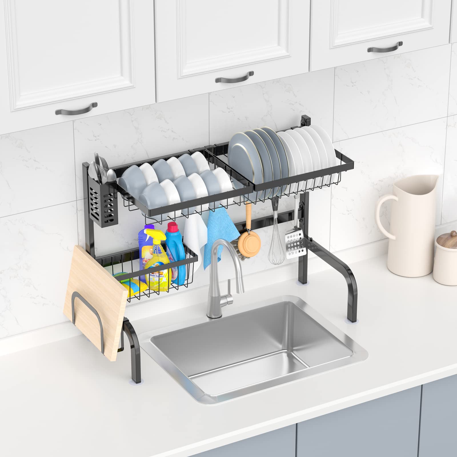 COSTWAY Escurridor de Platos, Escurreplatos sobre el Fregadero, Escurreplatos Ajustable en 2 Niveles (53-99 cm), Acero Inoxidable 4 Cestas y 8 Ganchos, Soportes para Utensilios y Cuchillos