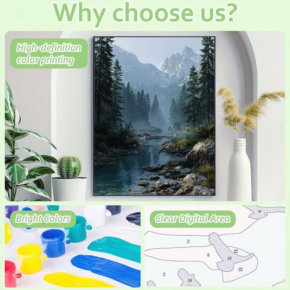 Malen Nach Zahlen Erwachsene DIY Komplettset - Hochwertige Acrylfarben & Leinwand - Entspannendes Kunsthandwerk für Anfänger & Fortgeschrittene - Ideales für Home Deko - Bergwald Motiv (80x100cm) C815