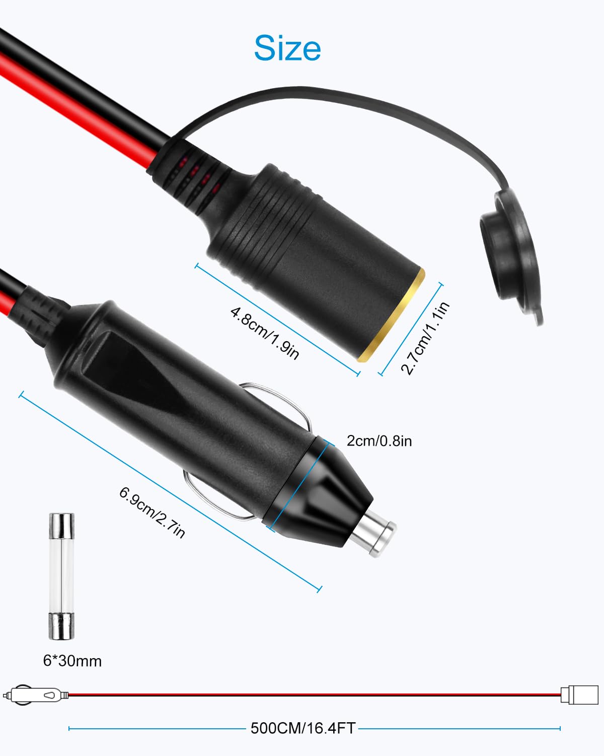 Amazon.com: ALITOVE 12AWG Cigarette Lighter Extension Cord 16.4FT 30A 360W  Heavy Duty Car Charger Cable 12V 24V Male to Female Socket Adapter with 2  Spare Fuses for Portable Fridge Tire Pump Air