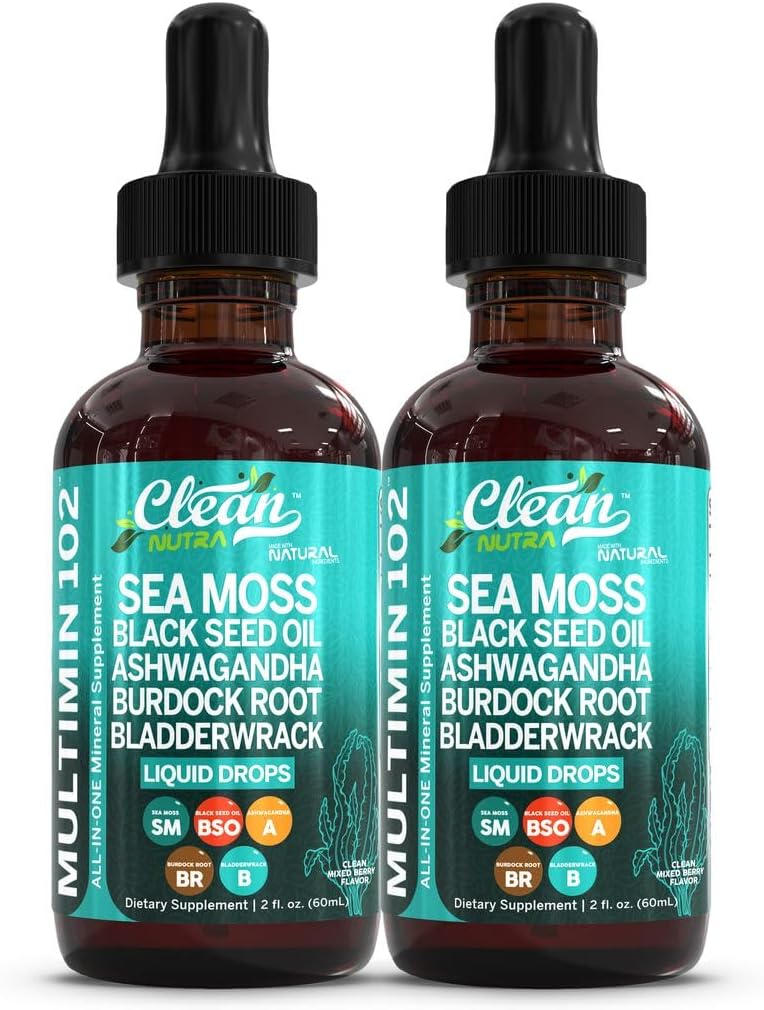 Clean Nutraceuticals Sea Moss Drops Supplement Liquid with Black Seed Oil Ashwagandha Burdock Root & Bladderwrack - Multimineral Organic Non-GMO Vegan for Gut Heath Skin Immune Support Hair (2 Pack)