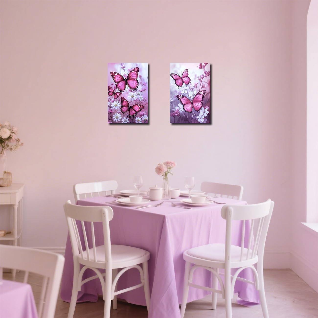 LZIMU Butterfly Picture Wall Decor Fantasy Girls Wall Art 2 Piece Butterflies with Flower Painting Prints Rustic Floral Framed Artwork (Pink, 12x16inchx2 Pieces)