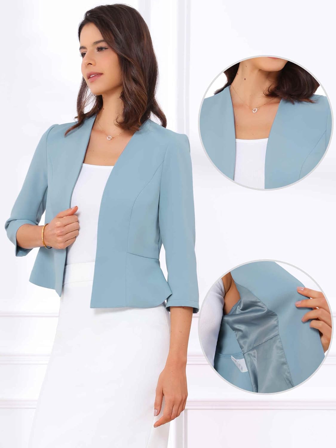 Allegra K Elegant Crop Blazer for Women's Open Front Collarless 3/4 Sleeve Peplum Business Suit Jacket - Image 2