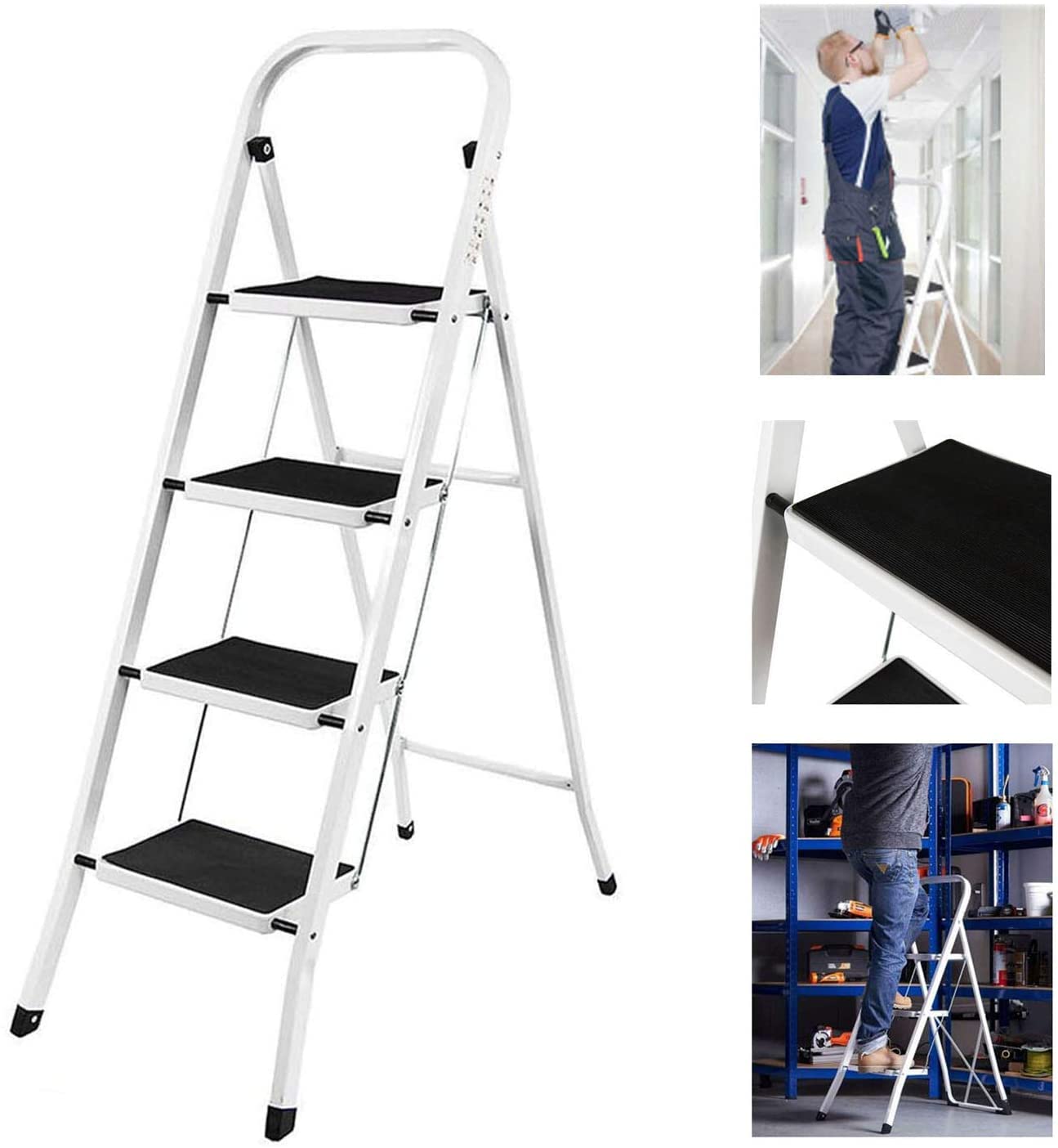 Escabeau Pliable en Acier 3 Marches Portable et Léger Charge Max 150KG Pour Ménage, Bureau, Peinture et Décoratif