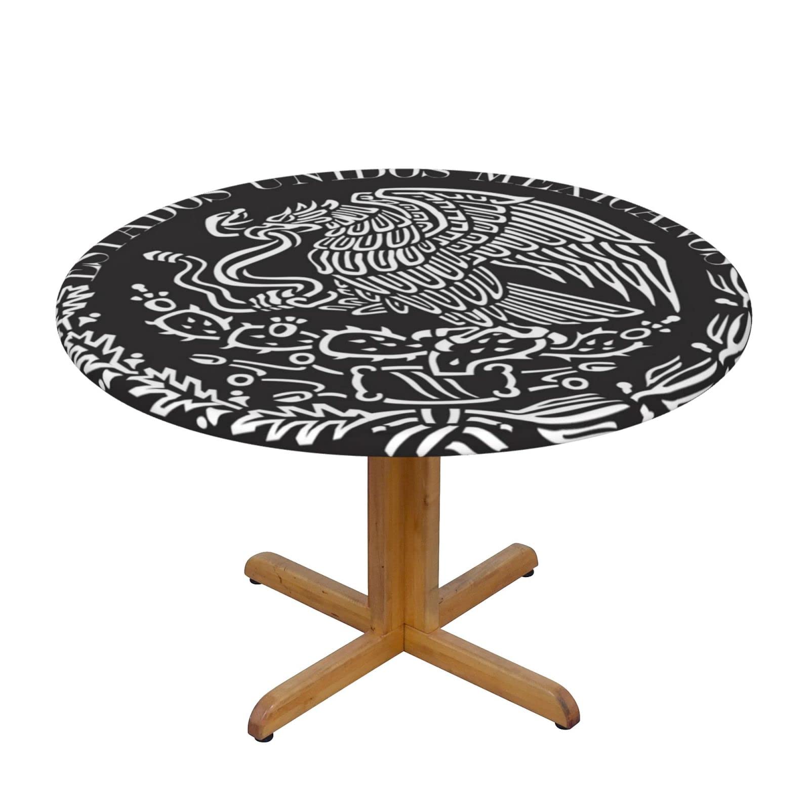 Lsjuee Round Fitted Tablecloth 45-50in Elastic Edged Table Cloth for Kitchen Dining Party Home Decor - Mexico Eagle Banner Black
