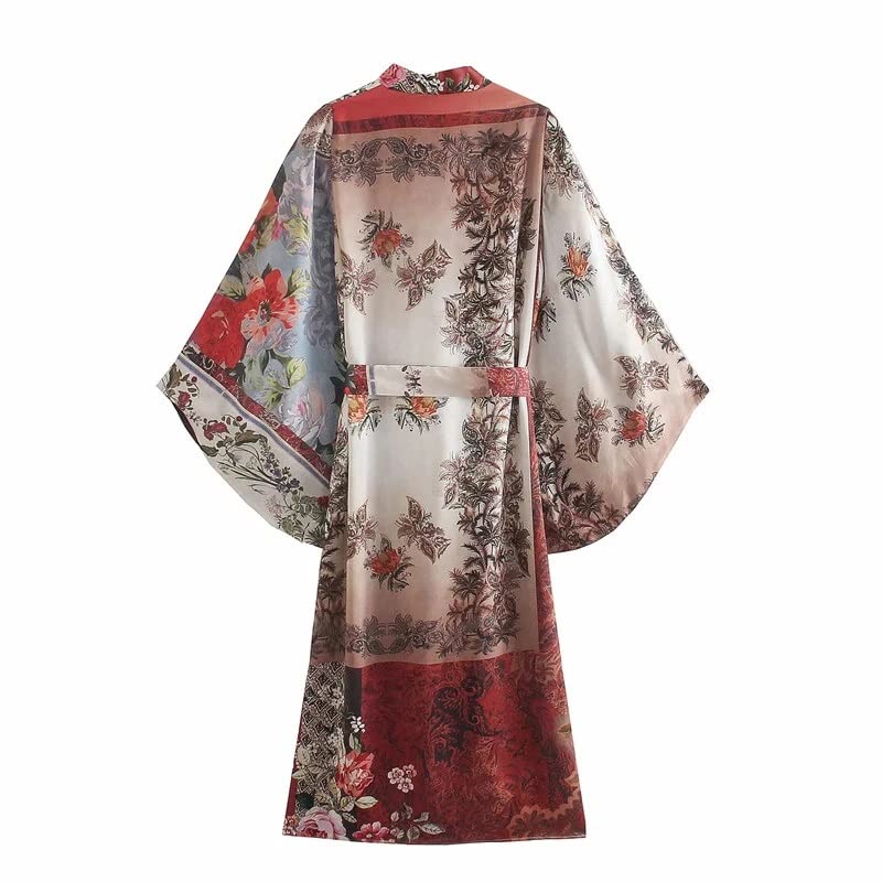 Kimono largo damas con manga larga y estampado patchwork fluido con cinturón 4