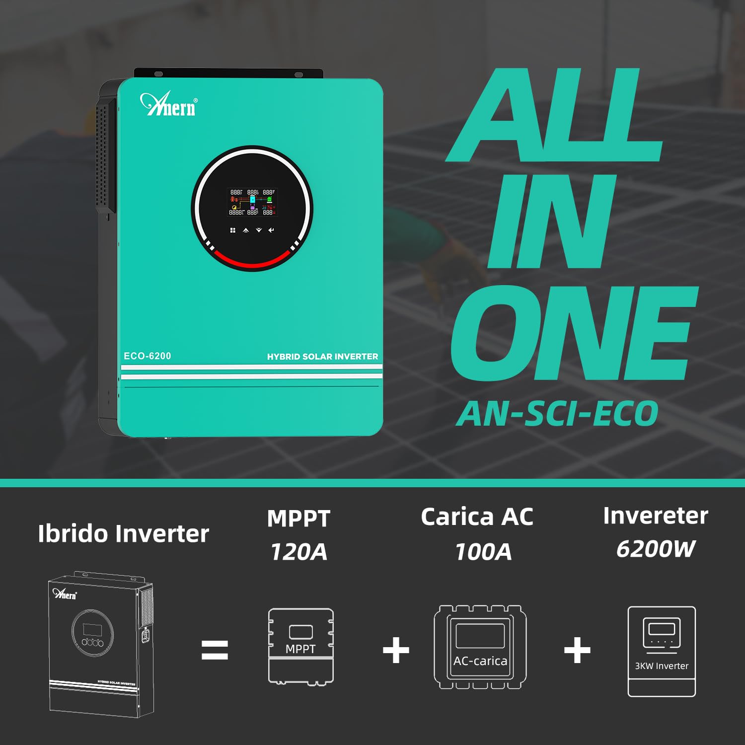 Anern 6200W Inverter ibrido 48V, Uscita 230V con regolatore solare 120A, PV 90~500Vdc, inverter off grid a onda sinusoidale pura con modulo WiFi, funziona senza batteria