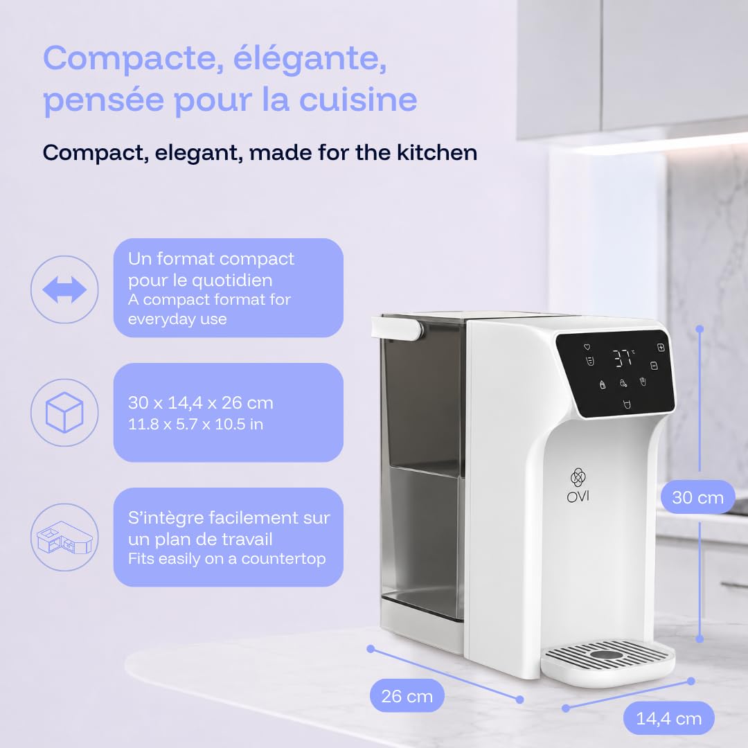 OVI E Distributeur d’Eau Chaude 95°C Instantanée – Filtrée 4 Étapes + UV-C – Sans Raccordement, Plug & Play – Maison, Bureau, Voyage (Blanc)