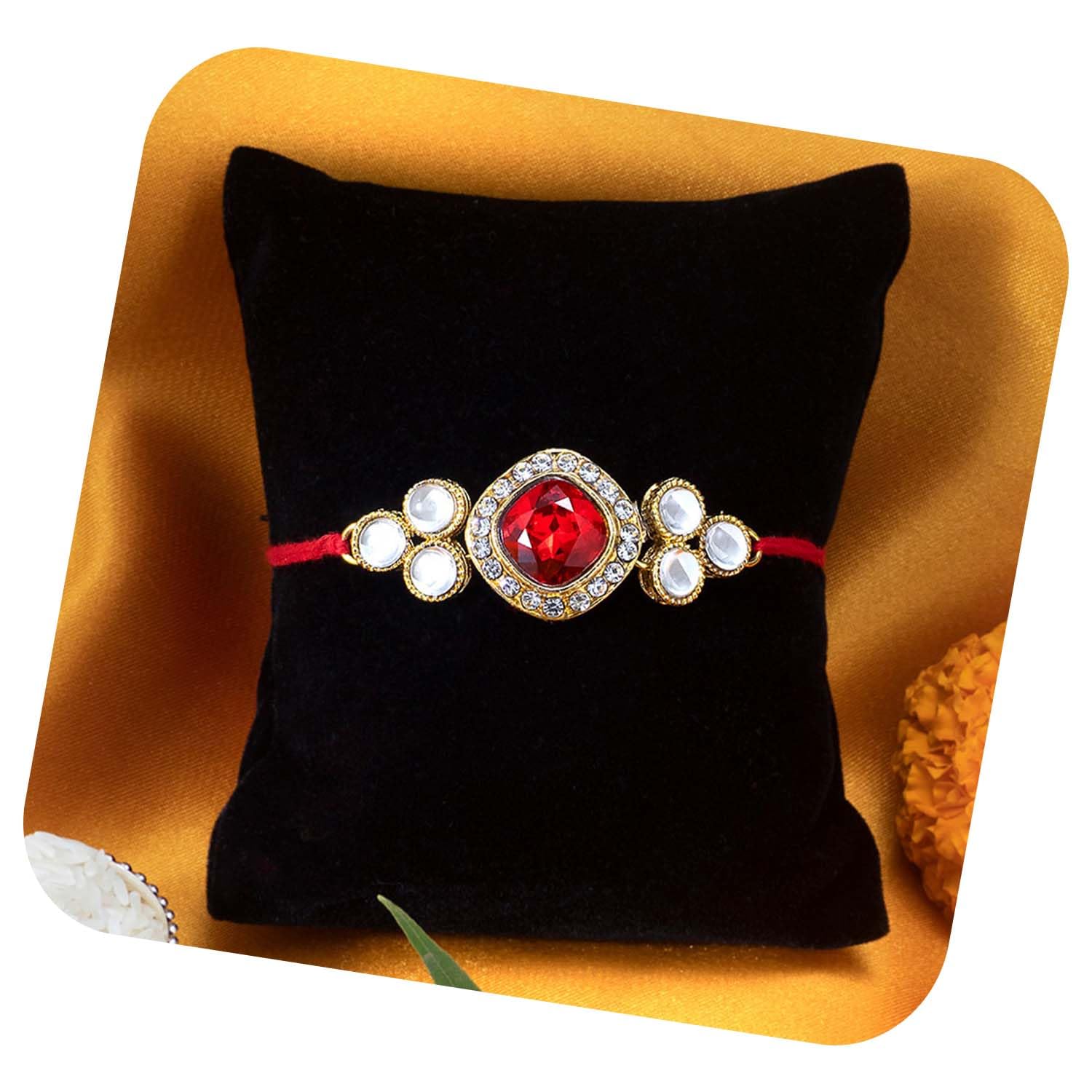 Peora Mens Rakhshabandhan Thread Elegant Rakhi for Brother Bhaiya|Gold Plated|Red Crystal & Kundan Studded|Rakhi Hamper Roli Chawal & Greeting Card