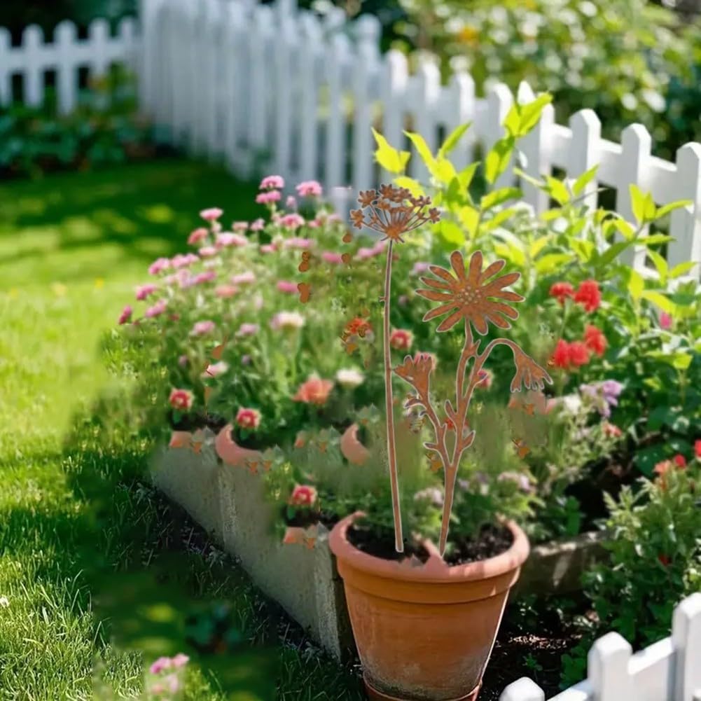 10 Pezzi Decorazioni da Giardino in Metallo Arrugginito, Fiori Rustici per Esterni, 10 Design Unici, Installazione a Pressione Senza Attrezzi, per Aiuole, Vasi, Sentieri, Cortile