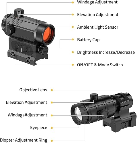 Miniatura 8 de CVLIFE Combo de punto rojo y lupa, 3 puntos rojos MOA con lupa 3X, ajuste automático de brillo, cotestigo absoluto, lupa de punto rojo abatible a