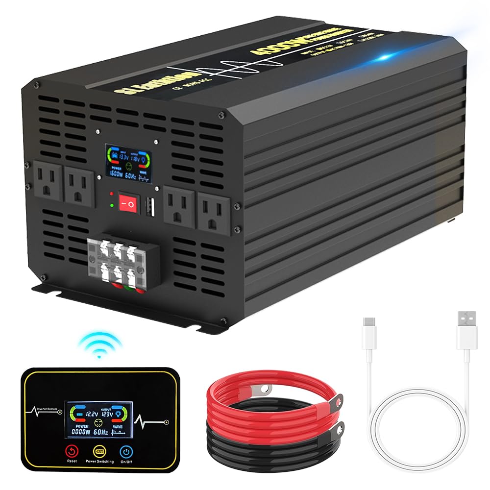 4000w pure sine wave power inverter 12v dc to 120v ac 60hz with lcd display, usb port, solar, outdoor