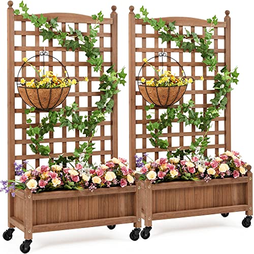 Yaheetech 2pcs 50' H Raised Garden Bed with Trellis & Wheels Standing Vertical Horticulture Planter Box for Vine Climbing Plants, Flowers, Herbs Brown