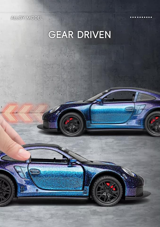 Image of 1:32 Porsche 911 GT3 RS Diecast Model Pull Back Toy Car with Sound & Light Openable Doors Miniature Racing Car for Kids & Collectors Gift for Boys & Adults (Purple)