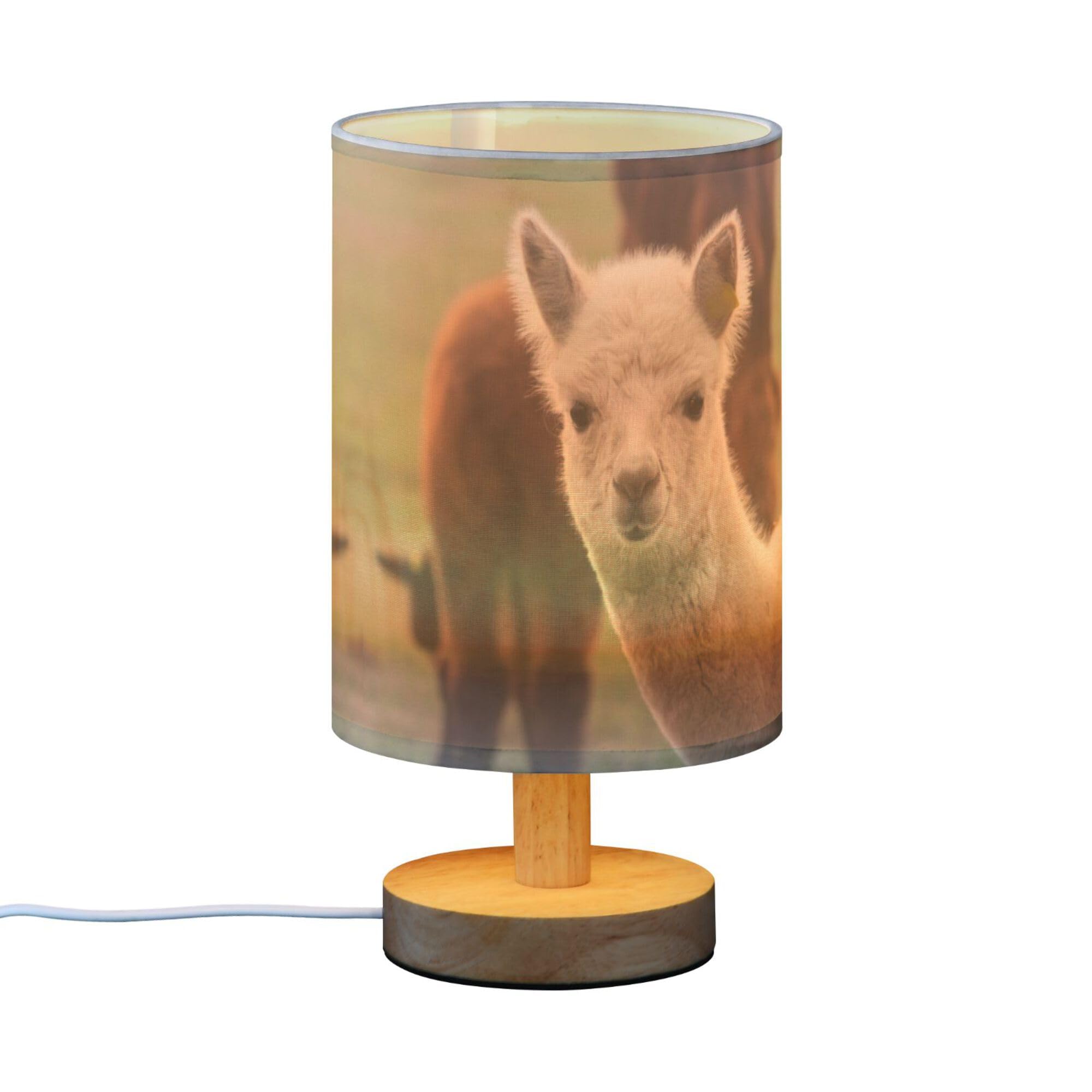 YYZZH Table Lamp Cute Baby Alpaca Llama in Green Woodland Nightstand Lamp with Wood Base Fabric Lamp Shade Bedside Desk Lamp for Living Room Bedroom Kids Room Office