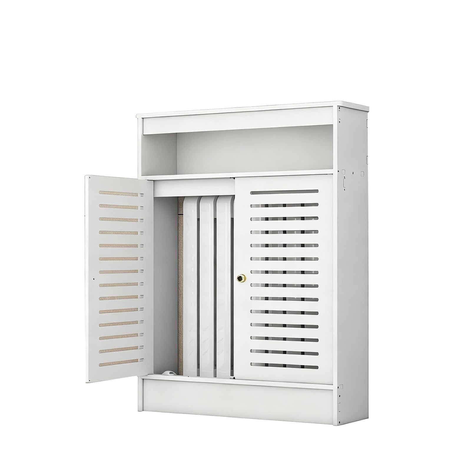 Copertura per termosifone bianca con griglia a feritoia e Sto nizer con 2 ante per soggiorno e bagno, 60 x 20 x 90 cm, design