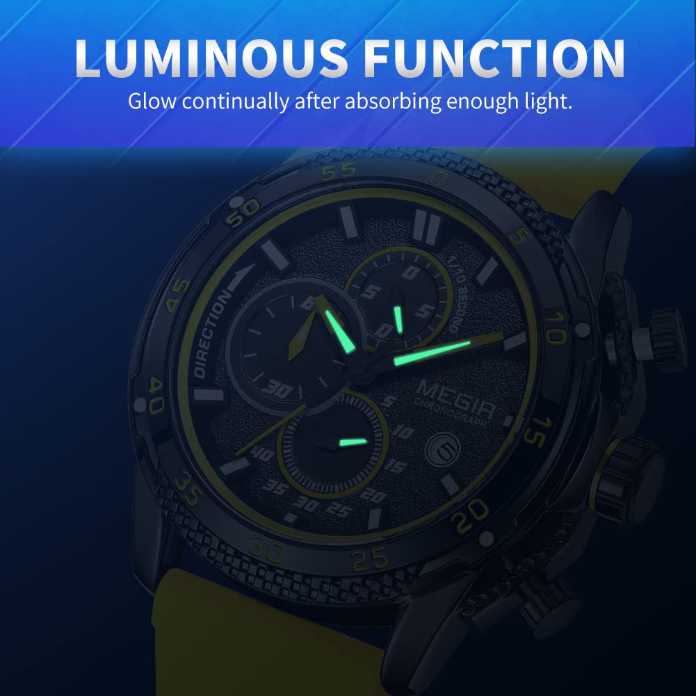 MEGIR Orologio sportivo da uomo, analogico, al quarzo, luminoso, con elegante cinturino in silicone, idea regalo, Giallo, Design elegante