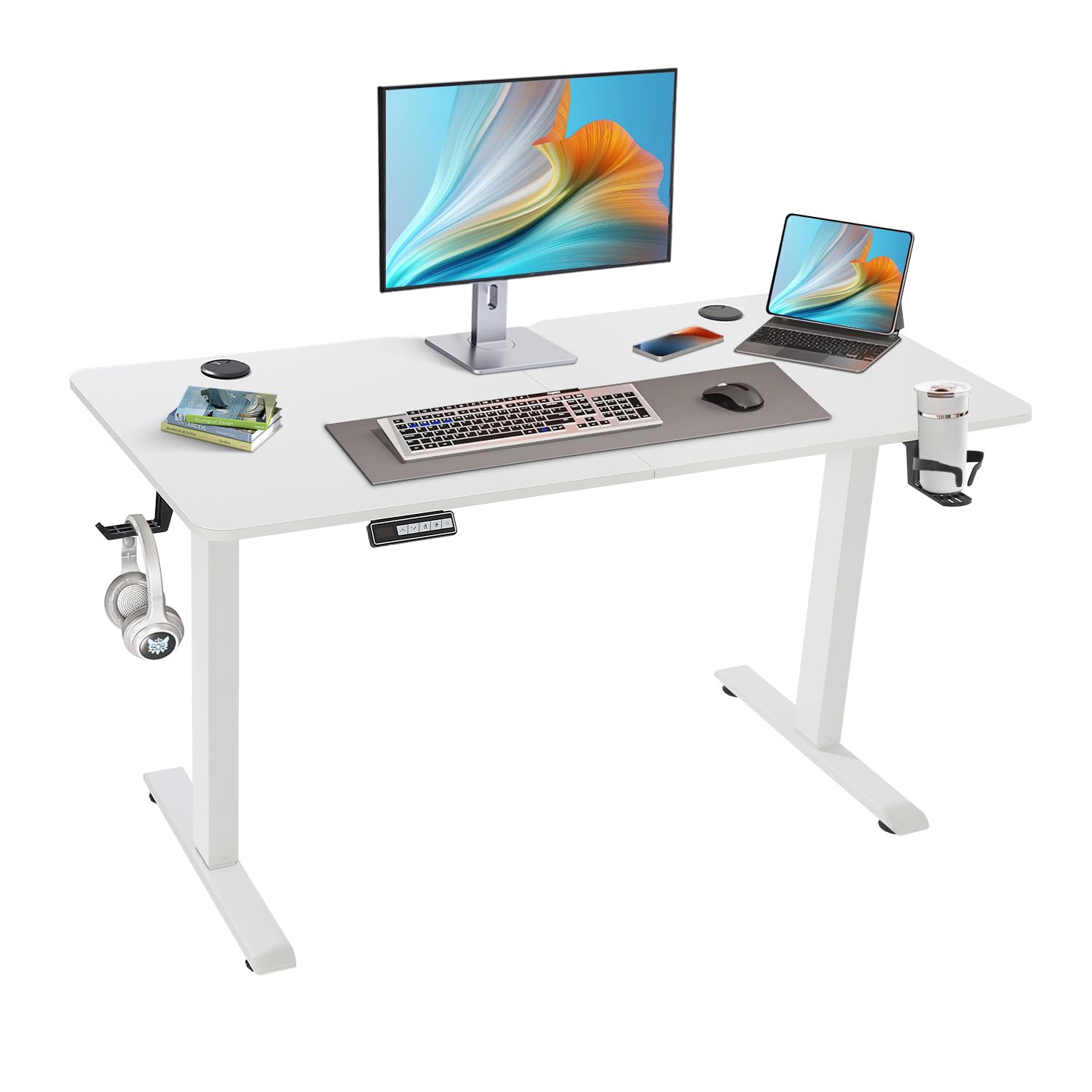 Height Adjustable Electric Standing Desk,140 x 60cm Splice-Piece Board Stand up Table,Sit Stand Home Office Desk with Memory Controller (White, 140 x 60cm)