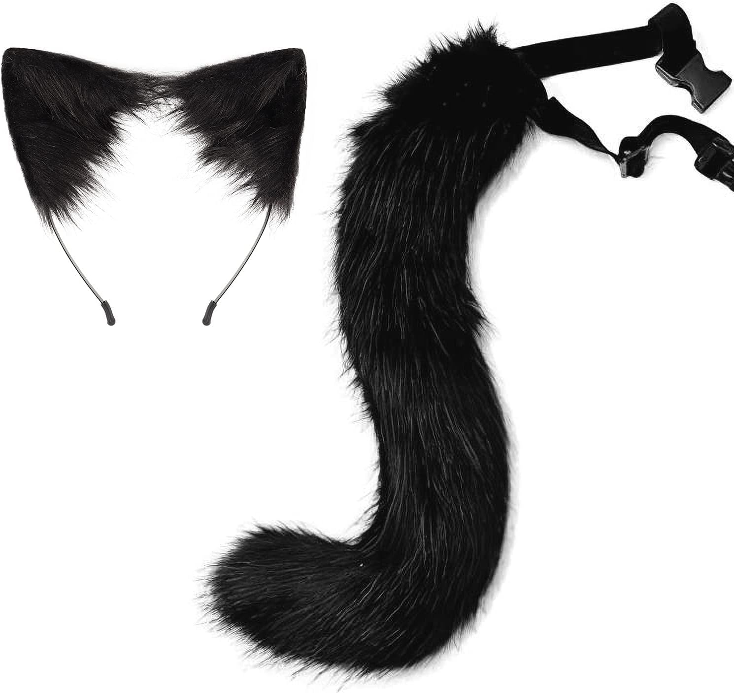 jokeshop Giant Black Cat Ears & Adjustable Tail Set Fancy Dress Halloween World Book Day Adults Plush Animal Wolf Kitten Headband Accessory