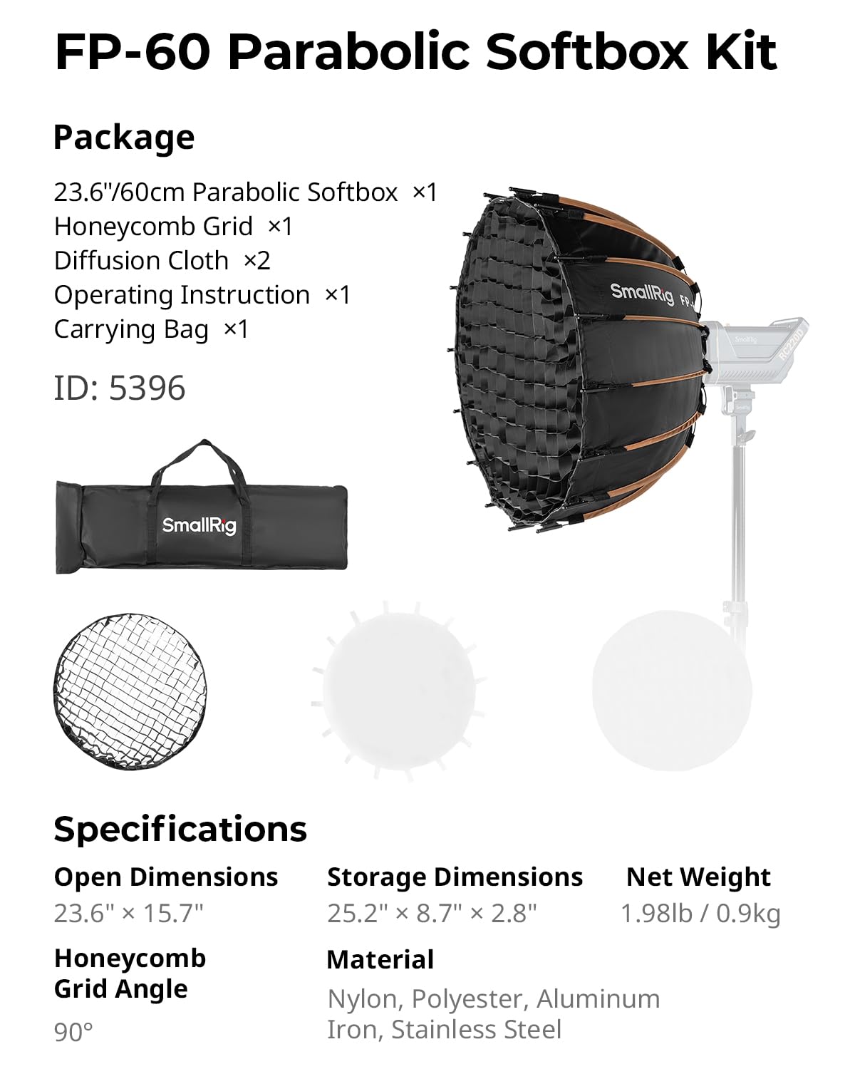 SmallRig FP-60 Parabolic Softbox, Bowens Mount, Quick-Setup, Dual Diffusion with Grid, 5396