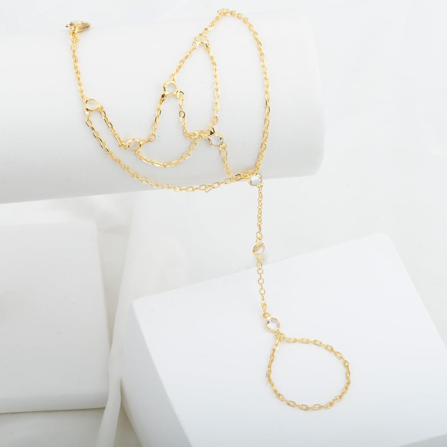 CZ Diamond Finger Ring Bracelet Hand Chain for Women, 14K Gold Plated Slave Bracelets - Image 5